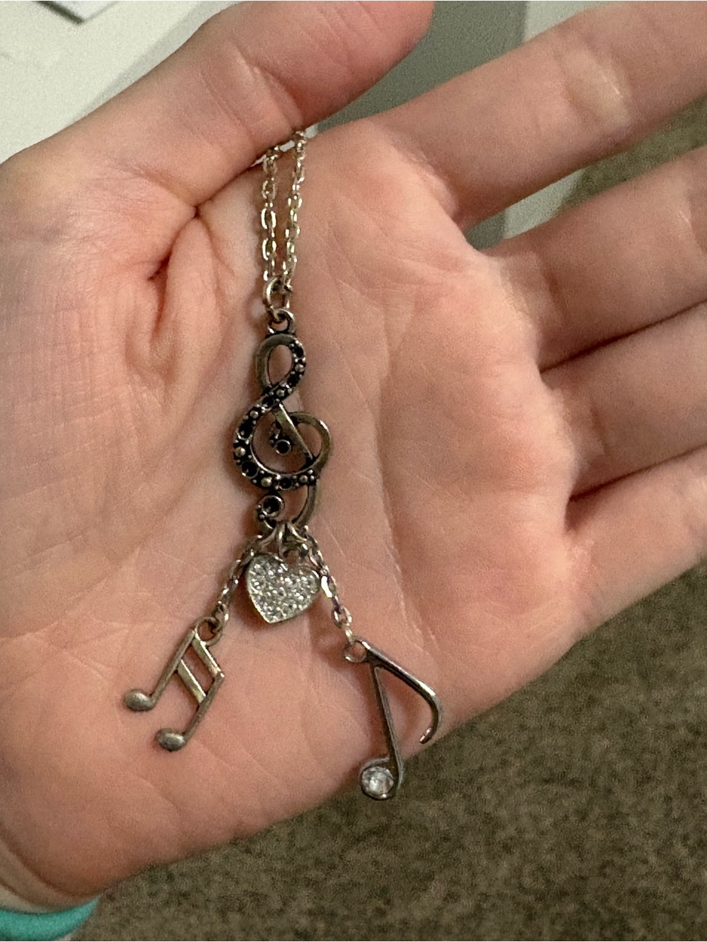 Silver Music Note Necklace with Sparkling Heart Charm